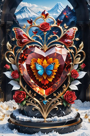 (best quality,  highres,  ultra high resolution,  masterpiece,  realistic,  extremely photograph,  detailed photo,  8K wallpaper,  intricate detail,  film grains), High definition photorealistic, luxurious hyperrealistic poster composition simetric holographic foil crystal of a luxury majestic and elegant luxurious sculpted heart with a detailed and ornamental butterfly-shaped crown with a passionate red rose with luxurious gold details and placed on a crystal throne on a marble and metal throne with sculptural sculpted glass with parametric architecture in close-up located in a volcanic environment with fire and lava combined with mountains of snow and the entrance of a paradise castle where there are many flowers but everything is covered in dust and fire a beautiful floral garden with a volcano with snow and snowflakes, gold, hipermaximalistic, with art deco style, high level of image complexity.