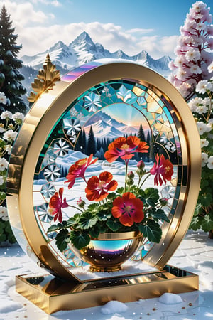(best quality,  highres,  ultra high resolution,  masterpiece,  realistic,  extremely photograph,  detailed photo,  8K wallpaper,  intricate detail,  film grains), High definition photorealistic, luxurious hyperrealistic poster composition simetric holographic foil crystal of a luxury majestic and elegant Geranium with luxury details in gold and placed in a glass on a throne with marble and metal with sculptural sculpted glass with parametric architecture in the foreground located in an environment where there are many flowers but everything is covered in snow and flakes snow a beautiful floral garden with snow, gold, hipermaximalistic, with art deco style, high level of image complexity.