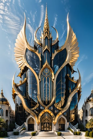 (best quality,  highres,  ultra high resolution,  masterpiece,  realistic,  extremely photograph,  detailed photo,  8K wallpaper,  intricate detail,  film grains), luxurious surreal scene of a giant vertical castle with wings and gear shape in parametric style, with flowing curves in black and white marble, gold metal and iridescent glass, inspired by Zaha Hadid, symmetrical, flowing curves and pointed corners, an aggressive design and imposing with art deco style details, located in an ancient city