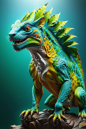 High definition photorealistic render of a incredible and mysterious mythological Luxurious sculptural hybrid monster of a fusion between a jaguat and a chameleon epic fusion of animals