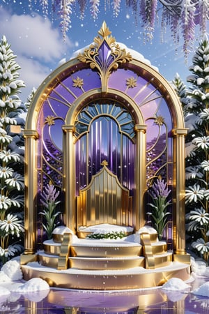 (best quality,  highres,  ultra high resolution,  masterpiece,  realistic,  extremely photograph,  detailed photo,  8K wallpaper,  intricate detail,  film grains), High definition photorealistic, luxurious hyperrealistic poster composition simetric holographic foil crystal of a luxury majestic and elegant Lavender with luxury details in gold and placed in a glass on a throne with marble and metal with sculptural sculpted glass with parametric architecture in the foreground located in an environment where there are many flowers but everything is covered in snow and flakes snow a beautiful floral garden with snow, gold, hipermaximalistic, with art deco style, high level of image complexity.