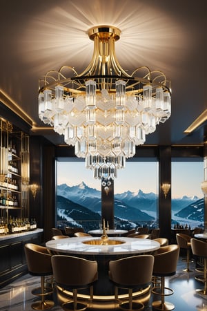 Photorealistic render in high definition of a crystal chandelier with gold metal details, in a luxury bar in Switzerland, with snow and mountains, made of sculpted glass in an ornamental parametric style, a cinematic shot in marble and glass with an iridescent iridescent effect, Detailed explosion of scenery, with fabrics, full of elegant mystery, symmetrical, geometric and parametric details, Technical design, Ultra intricate details, Ornate details. shutter speed 1/1000, f/22, white balance, vintage aesthetic, retro aesthetic, retro film, dramatic setting, horror film, surreal perspective, science fiction film, shot on fuji color film, detailed facial features, semi-backlighting, backlighting , natural lighting, beautiful artistic conception, ambient lighting, cinematic lighting, soft lighting, volumetric, beautiful lighting, accent lighting, global illumination, tracing ray, optics, dispersion, high contrast, shadows, rough, shimmering, ray traced reflections, spatial reflections Obsolete samplers, diffraction classification, chromatic aberration, no watermark, no logo, no signature