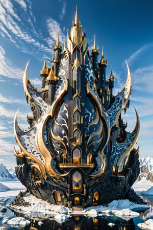 (best quality,  highres,  ultra high resolution,  masterpiece,  realistic,  extremely photograph,  detailed photo,  8K wallpaper,  intricate detail,  film grains), luxurious surreal scene of a giant vertical castle with dragon and hypersound rocket in parametric style, with flowing curves in black and white marble, gold metal and iridescent glass, inspired by Zaha Hadid, symmetrical, flowing curves and pointed corners, an aggressive design and imposing with art deco style details, located inside a giant thread iceberg, the castle must be inside it, and there must be an atmosphere of rain and ice
