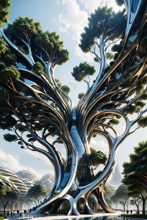 High definition photorealistic render of a incredible and mysterious mythological tree architecture parametrical gigant contruction with wings hypermaximalist details, marble, metal and glass parametric zaha hadid