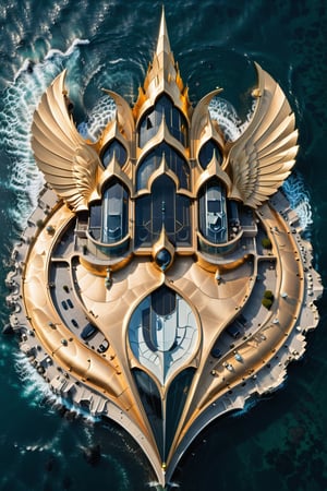 (best quality,  highres,  ultra high resolution,  masterpiece,  realistic,  extremely photograph,  detailed photo,  8K wallpaper,  intricate detail,  film grains), luxurious surreal scene of a giant castle with wings and yacht shape in parametric style, with flowing curves in black and white marble, gold metal and iridescent glass, inspired by Zaha Hadid, symmetrical, flowing curves and pointed corners, an aggressive and imposing design with details in art deco style, located in an ancient city
