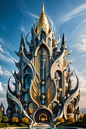 (best quality,  highres,  ultra high resolution,  masterpiece,  realistic,  extremely photograph,  detailed photo,  8K wallpaper,  intricate detail,  film grains), luxurious surreal scene of a giant vertical castle with dragon and hypersound rocket in parametric style, with flowing curves in black and white marble, gold metal and iridescent glass, inspired by Zaha Hadid, symmetrical, flowing curves and pointed corners, an aggressive design and imposing with details in art deco style, located livitating in a rainbow

