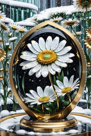 (best quality,  highres,  ultra high resolution,  masterpiece,  realistic,  extremely photograph,  detailed photo,  8K wallpaper,  intricate detail,  film grains), High definition photorealistic, luxurious hyperrealistic poster composition simetric holographic foil crystal of a luxury majestic and elegant flower Daisy with luxury details in gold and placed in a glass on a throne with marble and metal with sculptural sculpted glass with parametric architecture in the foreground located in an environment where there are many flowers but everything is covered in snow and flakes snow a beautiful floral garden with snow, gold, hipermaximalistic, with art deco style, high level of image complexity.