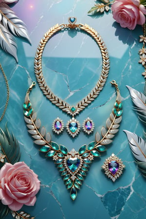 Photorealistic render in high definition of a jewelry set that includes a necklace, a bracelet, a ring and a pair of earrings, made of diamonds and iridescent iridescent gemstones, this entire set must be themed in the shape of a real heart, up to its presentation, the background should include feathers and flowers on a fabric background, iridescent glass and marble and luxurious oriental external decoration, full of elegant mystery, symmetrical, geometric and parametric details, Technical design, Ultra intricate details, Ornate details, Stylized details , Cinematic Lighting, 8k, Unreal, Photorealistic, Hyperrealism, CGI, VFX, SFX