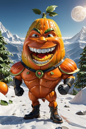 High definition photorealistic render of an incredible and mysterious character of a head fruit mr papaya warrior whith this fruit around the character, with men muscles and a big smile, with boots and capes, in a mountains snow, with luxurious details in marble and metal and details in parametric architecture and art deco, the fruit It must be the head of the character full body pose fruit, themed fruit and fruit themed costumes