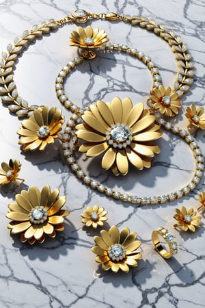 photorealistic render in high definition of an inspiration of a daisy flower of a jewelry set that includes a necklace, a bracelet, a ring and a pair of earrings, all of these must be made of diamonds and white and yellow precious stones, since They must be themed or symbolically represent a daisy flower, the jewelry set must be in marble and iridescent glass and marble and luxurious oriental external decoration, full of elegant mystery, symmetrical, geometric and parametric details, Technical design, Ultra intricate details, Details ornate, stylized details, cinematic lighting, 8k, Unreal, Photorealistic, Hyperrealism, CGI, VFX, SFX