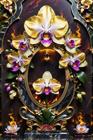 (best quality,  highres,  ultra high resolution,  masterpiece,  realistic,  extremely photograph,  detailed photo,  8K wallpaper,  intricate detail,  film grains), High definition photorealistic, luxurious hyperrealistic poster composition simetric holographic foil crystal of a luxurymajestic and elegant orchid with luxury details in gold and placed in a glass on a throne with marble and metal with sculptural sculpted glass with parametric architecture in the foreground located in a volcanic environment with fire and lava, where there are many flowers but everything is covered of dust and fire a beautiful floral garden with volcano, gold, hipermaximalistic, with art deco style, high level of image complexity.