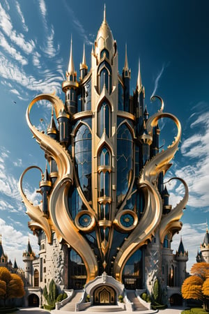 (best quality,  highres,  ultra high resolution,  masterpiece,  realistic,  extremely photograph,  detailed photo,  8K wallpaper,  intricate detail,  film grains), luxurious surreal scene of a giant vertical castle with dragon and hypersound rocket in parametric style, with flowing curves in black and white marble, gold metal and iridescent glass, inspired by Zaha Hadid, symmetrical, flowing curves and pointed corners, an aggressive design and imposing with art deco style details, located in a theater music environment, the castle should be shaped like two crossed saxophones