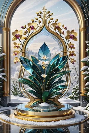 (best quality,  highres,  ultra high resolution,  masterpiece,  realistic,  extremely photograph,  detailed photo,  8K wallpaper,  intricate detail,  film grains), High definition photorealistic, luxurious hyperrealistic poster composition simetric holographic foil crystal of a luxury majestic and elegant orchidea with luxury details in gold and placed in a glass on a throne with marble and metal with sculptural sculpted glass with parametric architecture in the foreground located in an environment where there are many flowers but everything is covered in snow and flakes snow a beautiful floral garden with snow, gold, hipermaximalistic, with art deco style, high level of image complexity.