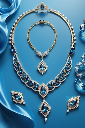 Photorealistic render in high definition of a jewelry set that includes a necklace, a bracelet, a ring and a pair of earrings, made of diamonds and blue precious stones, this entire set must be themed in the shape of a dolphin, until its presentation , the background must include swan feathers on a fabric background, iridescent glass and marble and luxurious oriental external decoration, full of elegant mystery, symmetrical, geometric and parametric details, Technical design, Ultra intricate details, Ornate details, Stylized details, Lighting cinematic, 8k, Unreal, Photorealistic, Hyperrealism, CGI, VFX, SFX