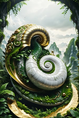 High definition photorealistic render of an incredible and mysterious futuristic mythical creating creature inusual big with giant snail-shaped snake in splosion monster with parametric shape and structure in the word, curved and fluid shapes in a thick jungle full of a lot of vegetation and trees with vines and rocks with moss, in white marble with intricate gold details, luxurious details and parametric architectural style in marble and metal, epic pose
​