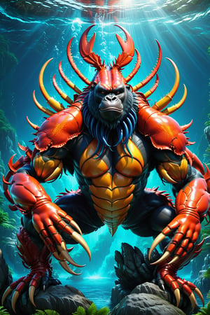 High definition photorealistic render of a incredible and mysterious mythological Luxurious sculptural hybrid monster of a fusion between a lobster and a gorilla, epic fusion of animals