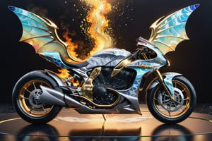 High definition photorealistic render of a luxury superbike GP in yacht very sculptural, in the surrealistic volacanu with fire, smoke and ice, interestelar space stars, bubbles and rays efect iridicent holographic marble and metal, with fluid and organic shapes, with a background where a parametric sculpture with dragon wings appears, in metal, marble and iridescent glass, with precious diamonds, with symmetrical curves in the shape of dragon wings in marble background black & white details gold, chaotic swarowski, inspired by the style of Zaha Hadid, gold iridescence, with black and white details. The design is inspired by the Tomorrowland 2022 main stage, with ultra-realistic Art Deco details and a high level of image complexity iridescence.
