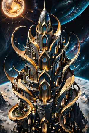 (best quality,  highres,  ultra high resolution,  masterpiece,  realistic,  extremely photograph,  detailed photo,  8K wallpaper,  intricate detail,  film grains), luxurious surreal scene of a giant vertical castle with dragon and hypersound rocket in parametric style, with flowing curves in black and white marble, gold metal and iridescent glass, inspired by Zaha Hadid, symmetrical, flowing curves and pointed corners, an aggressive design and imposing with details in art deco style, located in interstellar space orbiting outside the solar system, in a dark space with many shooting stars and lights emitted by orbiting planets and craters and nebulae in the background, a space scene full of grandeur and mystery