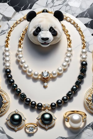Photorealistic render in high definition of a jewelry set that includes a necklace, a bracelet, a ring and a pair of earrings, made of diamonds and black precious stones and white pearls, this entire set must be themed in the panda bear animal, Until presentation, the background must include panda bear decorations on a fabric background, iridescent glass and marble and luxurious oriental external decoration, full of elegant mystery, symmetrical, geometric and parametric details, Technical design, Ultra intricate details, Ornate details, Stylized details, Cinematic lighting, 8k, Unreal, Photorealistic, Hyperrealism, CGI, VFX, SFX