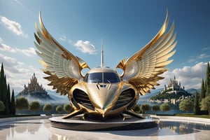 High definition photorealistic render of a luxury sculpture of a super private jet luxury parametric gold design very sculptural, in the surrealistic parked in front of a giant parametric sculpture made of marble and iridescent metal in the shape of open wings and behind a luxurious castle, flash of lightning,  efect iridicent holographic marble and metal, with fluid and organic shapes, with a background where a parametric sculpture with wings appears, in metal, marble and iridescent glass, with precious diamonds, with symmetrical curves in the shape of dragon wings in marble background black & white details gold, chaotic swarowski, inspired by the style of Zaha Hadid, gold iridescence, with black and white details. The design is inspired by the Tomorrowland 2022 main stage, with ultra-realistic Art Deco details and a high level of image complexity iridescence.
