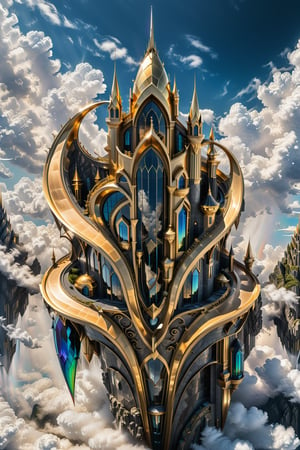 (best quality,  highres,  ultra high resolution,  masterpiece,  realistic,  extremely photograph,  detailed photo,  8K wallpaper,  intricate detail,  film grains), luxurious surreal scene of a giant vertical castle with dragon and hypersound rocket in parametric style, with flowing curves in black and white marble, gold metal and iridescent glass, inspired by Zaha Hadid, symmetrical, flowing curves and pointed corners, an aggressive design and imposing with details in art deco style, located in the middle of the clouds, floating and with iridescent effects of a rainbow close to the clouds