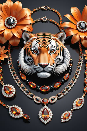 Photorealistic render in high definition of a jewelry set that includes a necklace, a bracelet, a ring and a pair of earrings, made of diamonds and black and orange precious stones, this entire set must be themed in the shape of a real tiger , until presentation, the background must include feathers and flowers on a fabric background, iridescent glass and marble and luxurious oriental external decoration, full of elegant mystery, symmetrical, geometric and parametric details, Technical design, Ultra intricate details, Ornate details, Stylized details, Cinematic lighting, 8k, Unreal, Photorealistic, Hyperrealism, CGI, VFX, SFX