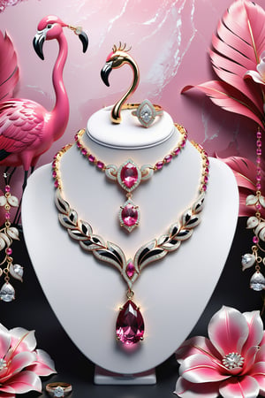 photorealistic render in high definition of a jewelry set that includes a necklace, a bracelet, a ring and a pair of earrings, made of diamonds and pink precious stones, this entire set must be themed in the shape of a flamingo, until its presentation, the background should include feathers and flowers on a fabric background, iridescent glass and marble and luxurious oriental external decoration, full of elegant mystery, symmetrical, geometric and parametric details, Technical design, Ultra intricate details, Ornate details, Stylized details, Cinematic Lighting, 8k, Unreal, Photorealistic, Hyperrealism, CGI, VFX, SFX