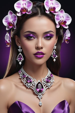  photorealistic render in high definition of a orchid inspiration jewelry set  that includes a necklace, a bracelet, a ring and a pair of earrings, all of these must be made of diamonds and purple precious stones, since they must be themed or symbolically represent an orchid , the jewelry set must be in marble and iridescent glass and marble and luxurious oriental external decoration, full of elegant mystery, symmetrical, geometric and parametric details, Technical design, Ultra intricate details, Ornate details, Stylized details, Cinematic lighting, 8k, Unreal, Photorealistic, Hyperrealism, CGI, VFX, SFX