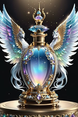 Photorealistic render in high definition of a perfume in sculpted glass and made of diamonds and iridescent iridescent gemstones, themed in a unicorn with open wings, until its presentation, the perfume must be located on a throne of glass and marble and with ornamental details and baroque style, must include iridescent glass and marble and luxurious oriental external decoration, full of elegant mystery, symmetrical, geometric and parametric details, Technical design, Ultra intricate details, Ornate details,DonMW15pXL