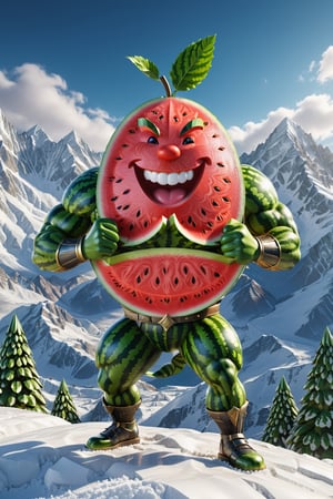 High definition photorealistic render of an incredible and mysterious character of a fruit watermelon warrior, with men muscles and a big smile, in a mountains snow, with luxurious details in marble and metal and details in parametric architecture and art deco, the fruit It must be the head of the character full body pose fruit