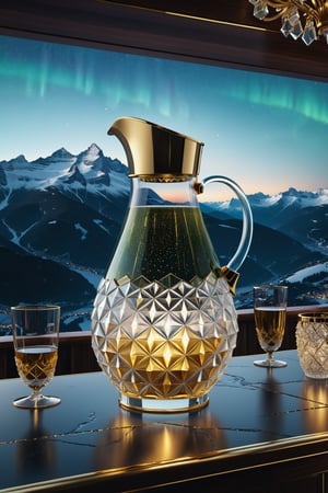 High definition photorealistic render of a glass juice jug with gold metal details, on a dark night with northern lights, in a luxury bar in Switzerland, with snow and mountains, made of sculpted glass in ornamental parametric style, one shot cinematic in marble and glass with iridescent iridescent effect, detailed explosion of the scenery, with fabrics, full of elegant mystery, symmetrical, geometric and parametric details, technical design, ultra intricate details, ornate details. shutter speed 1/1000, f/22, white balance, vintage aesthetic, retro aesthetic, retro film, dramatic setting, horror film