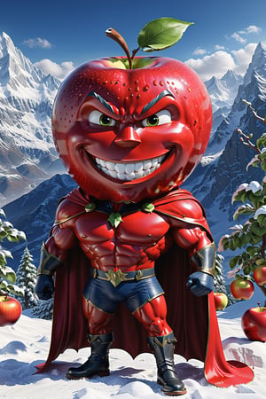 High definition photorealistic render of an incredible and mysterious character of a head fruit mr apple red warrior whith this fruit around the character, with men muscles and a big smile, with boots and capes, in a mountains snow, with luxurious details in marble and metal and details in parametric architecture and art deco, the fruit It must be the head of the character full body pose fruit, themed fruit and fruit themed costumes, magical phantasy