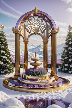 (best quality,  highres,  ultra high resolution,  masterpiece,  realistic,  extremely photograph,  detailed photo,  8K wallpaper,  intricate detail,  film grains), High definition photorealistic, luxurious hyperrealistic poster composition simetric holographic foil crystal of a luxury majestic and elegant Lavender with luxury details in gold and placed in a glass on a throne with marble and metal with sculptural sculpted glass with parametric architecture in the foreground located in an environment where there are many flowers but everything is covered in snow and flakes snow a beautiful floral garden with snow, gold, hipermaximalistic, with art deco style, high level of image complexity.,island
