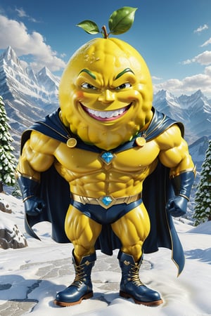 High definition photorealistic render of an incredible and mysterious character of a fruit mr. hero lemon warrior, with men muscles and a big smile, with boots and capes, in a mountains snow, with luxurious details in marble and metal and details in parametric architecture and art deco, the fruit It must be the head of the character full body pose fruit, themed fruit and fruit themed costumes