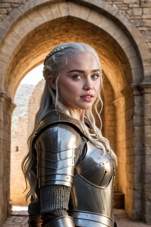 Emilia Clarke as Daenerys Targaryen, the Female Knight, stands triumphantly in a majestic castle setting. Framed by stone walls and a grand archway, she strikes a pose, gilded armor gleaming under warm, golden lighting. Her sword, adorned with pulsing runes, extends from her hand like an extension of her unwavering spirit. A subtle smile plays on her lips, as if daring the viewer to challenge her dominance. The camera captures her smirk directly, emphasizing her unapologetic confidence and readiness for battle.