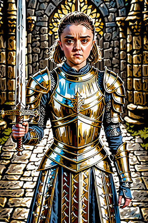 sexy actress Maisie Williams, Female Knight standing tall, clad in gleaming gilded armor adorned with an abundance of ornaments that shimmer and shine. Her armor is a masterpiece of craftsmanship, boasting intricate details and engravings that seem to dance across her imposing physique. In one hand, she wields a massive sword, its blade etched with runes that pulse with energy. The sword appears to be an extension of her unyielding spirit, forged from countless battles and victories. She wears an towering shield in the other hand Castle background

