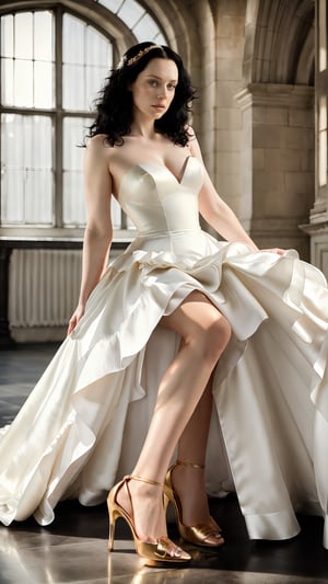 A full body portrait of Gwendoline Christie, (((full body))), shoulder long curly black hair, high heels climax, wearing a ((wedding dress))), bare feet, looking straight in camera, in frame, photograph, highly detailed face, moody light, golden hour, centered, extremely detailed, Nikon D850, award winning photography, modelshoot style