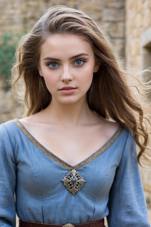 A serene young beauty, 18 years old, stands before us, her slender yet curvaceous figure showcased in a medieval setting. Her striking blue eyes, framed by delicate eyelashes, meet the camera's gaze directly. Thin, downward-turned lips hint at a subtle sensuality. A model-like face, with high cheekbones and defined jawline, is accentuated by the soft, brown tangles of her hair, which fall messily across her forehead. The worn, earthy tones of her medieval attire - a faded cloak and tunic - blend seamlessly with the rustic village backdrop. The subject's collarbone stands out prominently, as if defining the lines of her elegant neck. Her gaze is direct, inviting the viewer to step into her world.