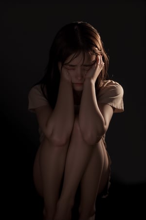 picture of a (crying girl), (above perspective), extremely sad expression, cold, crying out loud, extreme pain, knees up, knees embrace, self embrace, sad atmosphere, dark colors, dimmed light, closed eyes, subtle small tears, long hair, golden light brown hair, brown hazel eyes, blurry dark background, (darkness),  (above perspective), highly detailed, 4k, 8k, HD, crispy, smooth, masterpiece, realistic, beautiful, sad,bul4n, heavy rain, naked_shirt,