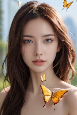 8k portrait of beautiful cyborg with brown hair, intricate, elegant, highly detailed, majestic, digital photography, art by artgerm and ruan jia and greg rutkowski surreal painting gold butterfly filigree, broken glass, (masterpiece, sidelighting, finely detailed beautiful eyes: 1.2), hdr, (detailed background window to a new dimension, plants and flowers:0.7)  infinity, infinite symbol,