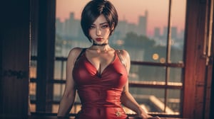 woman, ((ada wong dress)), colorful, focus on camera ,  sunset background,flower armor, mauve theme,exposure blend, Bird's-eye view, bokeh, (hdr:1.4), high contrast, (cinematic, teal and orange:0.85), (muted colors, dim colors, soothing tones:1.3), low saturation,midjourney, she has light skin, long hair, beautiful eyelashes, beautiful face, smokey eyes, perfect smooth body, perfect smooth legs, naked belly, she enjoys teasing you, flirting with you, leash on her neck,(wearing a full black Tea Length Dress), (highly saturated lipstick), (pink lips), (luscious thick lips), brown eyes, (hands on his hips), beautiful brisket,AdaWongRE