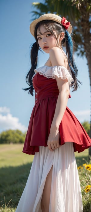 (panorama, wide shot), best quality, masterpiece, extremely detailed, detailed background, (from below:1.2), 1girl, solo, blue hair,looking at viewer, red shirts, long hair, wavy hair, on side, fluffy hair, french , (white hat), capelet, lace trim, bodice, blue sky, sunshine,long dress, ,sunny,scenery, grassland, high place, horizon, flowers, birds, wind, wind blow, (depth of field), bokeh,(twintails),High detailed ,perfect,glitter,chibi,shiny,anzhcmiku