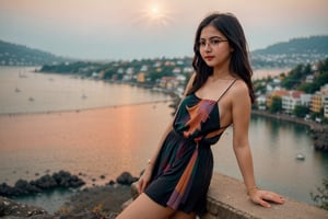 (((black mini dress))), ((wear glasses)), colorful,  focus on camera,  sunset background,  mauve theme, exposure blend,  Bird's-eye view,  bokeh,  (hdr:1.4),  high contrast,  (cinematic,  teal and orange:0.85),  (muted colors,  dim colors,  soothing tones:1.3),  low saturation, midjourney,  she has light skin,  long hair,  beautiful eyelashes,  beautiful face,  smokey eyes,  perfect smooth body,  perfect smooth legs,  naked belly,  she enjoys teasing you,  flirting with you,  leash on her neck, (wearing a full black Tea Length Dress),  (highly saturated lipstick),  (pink lips),  (luscious thick lips),  brown eyes,  (hands on his hips),bul4n