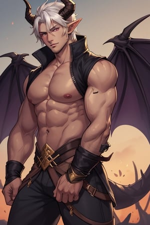 cute handsome half-elf named Ken, age 24, short black hair, olive complexion, expressive violet eyes.

ruggedly handsome Tiefling named Vald, age 31, platinum-white hair, dark caramel skin, gold eyes, black horns growing from his head, large draconic wings on his back