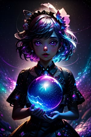 nebula,  a beautiful a crystal ball, outdoor, thematic background, neon, glow, fluttering symbols, | depth of field, bokeh, | smooth detailed shadows, hyperealistic shadows, (saturated color) | ,(unreal engine, pixar style), (3d model),maid,  1girl,  full_body maid_dress,High detailed 