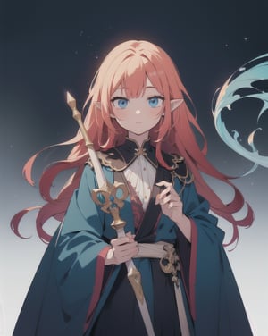 18 years old,elven_ears, female, red hair, long, Long_Straight_Hair, hair, red_long_hair, very long hair, straight hair, blue eyes,A dark blue robe fringed with stars,girl,one girl,sole, (masterpiece, top quality, best quality, official art, beautiful and aesthetic:1.2), (gradient light:1.5), (1 girl), extreme detailed,magic cloak, magic staff,holding magic staff,planted magic staff (fractal art:1.3), colorful, ultra-detailed,looking at viewer,BREAK upper body,in the bar