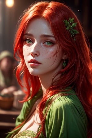 1 photograph, detailed lips, portrait, 1 female, (red hair), long hair, green eyes, (beautiful face), peasant dress, poor cloth, ((tavern: background)),4k, masterpiece, (dynamic pose)),Detailed face, detailed eyes, soft colors, (high-resolution:1.2), soft lighting, cinematic scene, perfect eyes, freckles, no accessory