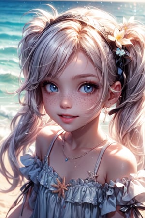 1 photograph,  detailed lips, 1 girl,  (white hair), pigtails, light blue eyes, (sparkling eyes), (young face), big smiling face, kids, wearing kid white dress , child, ((beach: background)), 4k,  masterpiece,  (dynamic pose)), Detailed face,  detailed eyes,  soft colors,  (high-resolution:1.2), yuzu detail, half body, cinematic lighting, High detailed, soft lighting, playing on the beach, streaked hair, longhair, little girl, white flower headband, freckles, 5 years old girl