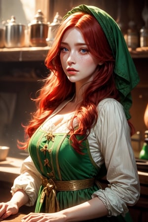 1 photograph, detailed lips, portrait, 1 female, (red hair), long hair, green eyes, (beautiful face), peasant dress, commoner cloth, ((tavern kitchen: background)),4k, masterpiece, (dynamic pose)), Detailed face, detailed eyes, soft colors, (high-resolution:1.2), soft lighting, cinematic scene, freckles, no accessory, wearing brown headscarf, perfect eyes, detailed eye, wearing apron