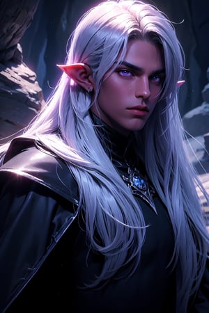 1 photograph, detailed lips, portrait, 1 male, calm face, amature face, (silver hair), long hair, straight hair, purple eyes, (handsome), wearing black long coat, rogue outfit, (right side), (glowing), ((cave: background)),4k, masterpiece, (dynamic pose)),elf ears, pointed ears, male, Detailedface, dark skin,  black skin,tan,handsome,boy, drow, dark elf, night elf